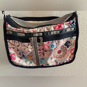 LeSportsac Floral Print Crossbody in White, Pink, Blue and Navy Trim